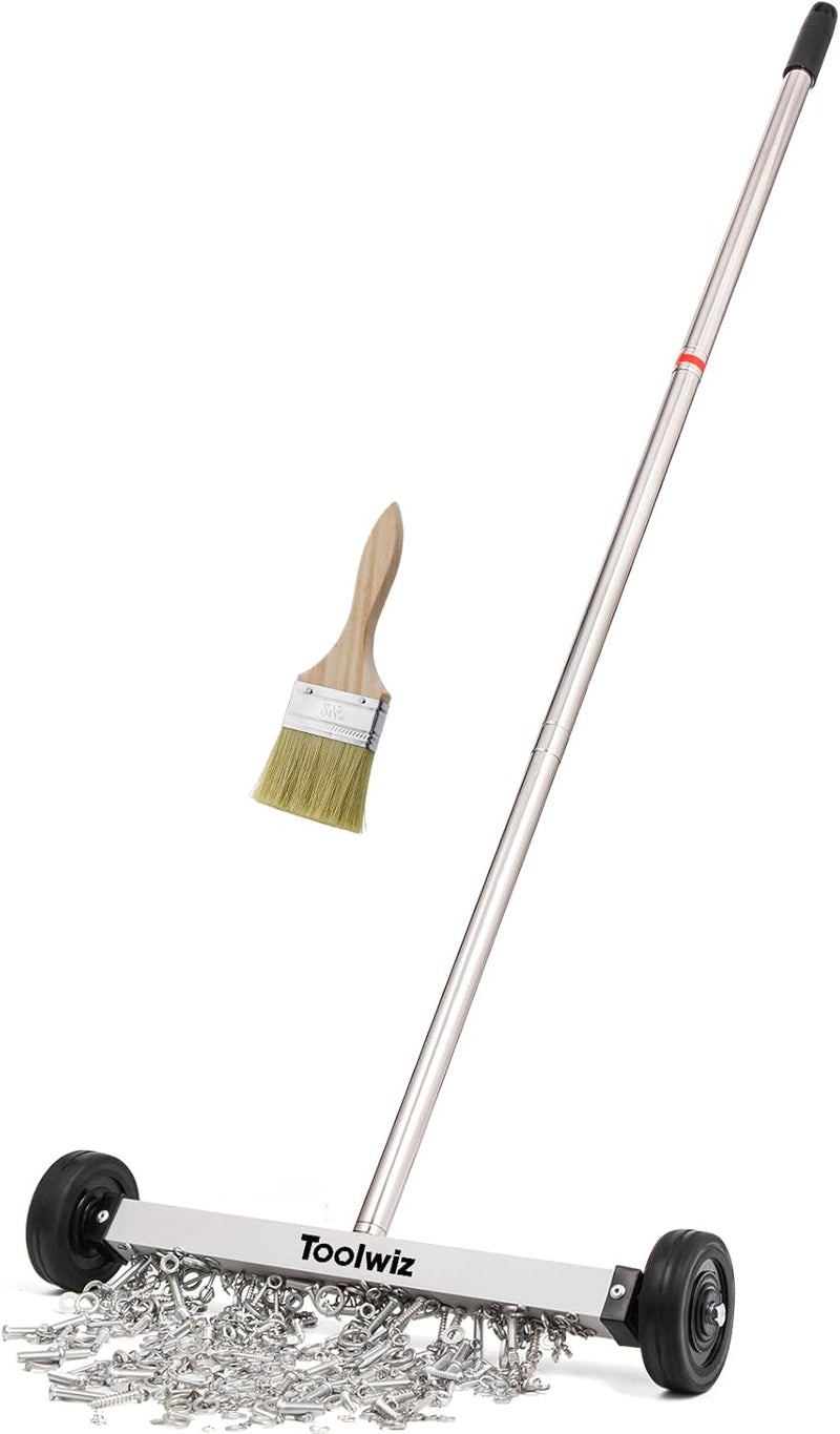 Toolwiz Magnetic Pick Up Sweeper 15-inch Heavy Duty Magnet Pickup Lawn Sweeper Roofing Tools, 10 Lbs Yard Tools with Telescoping Holder and Wheels to Clean Nails Adjustable Handle for Construction - Image 1